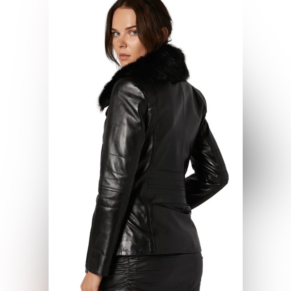 NEW Vintage Y2K Outbrook Genuine Leather Jacket w/ Plush Fur Collar Bomber